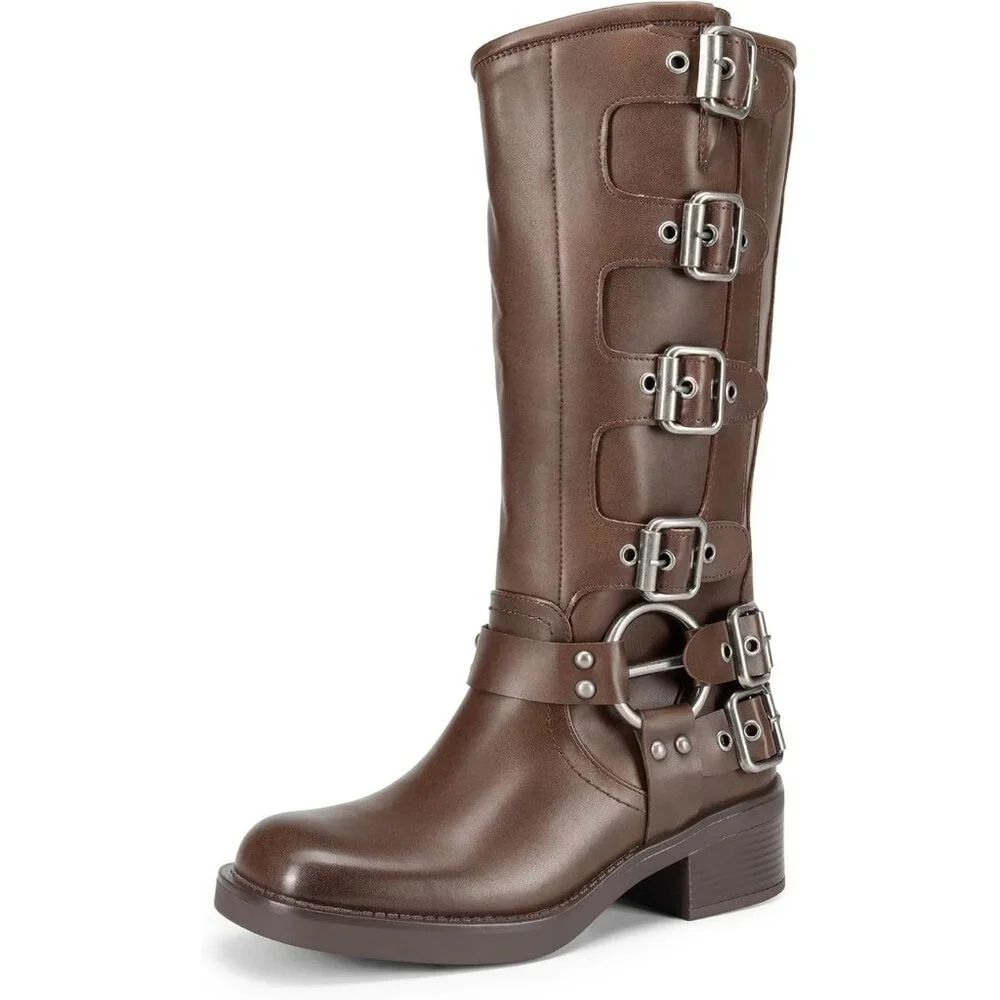 ⚡Women's Tan Polyurethane Knee High Riding Side Zipper Chunky Heel Boots - Picture 1 of 7